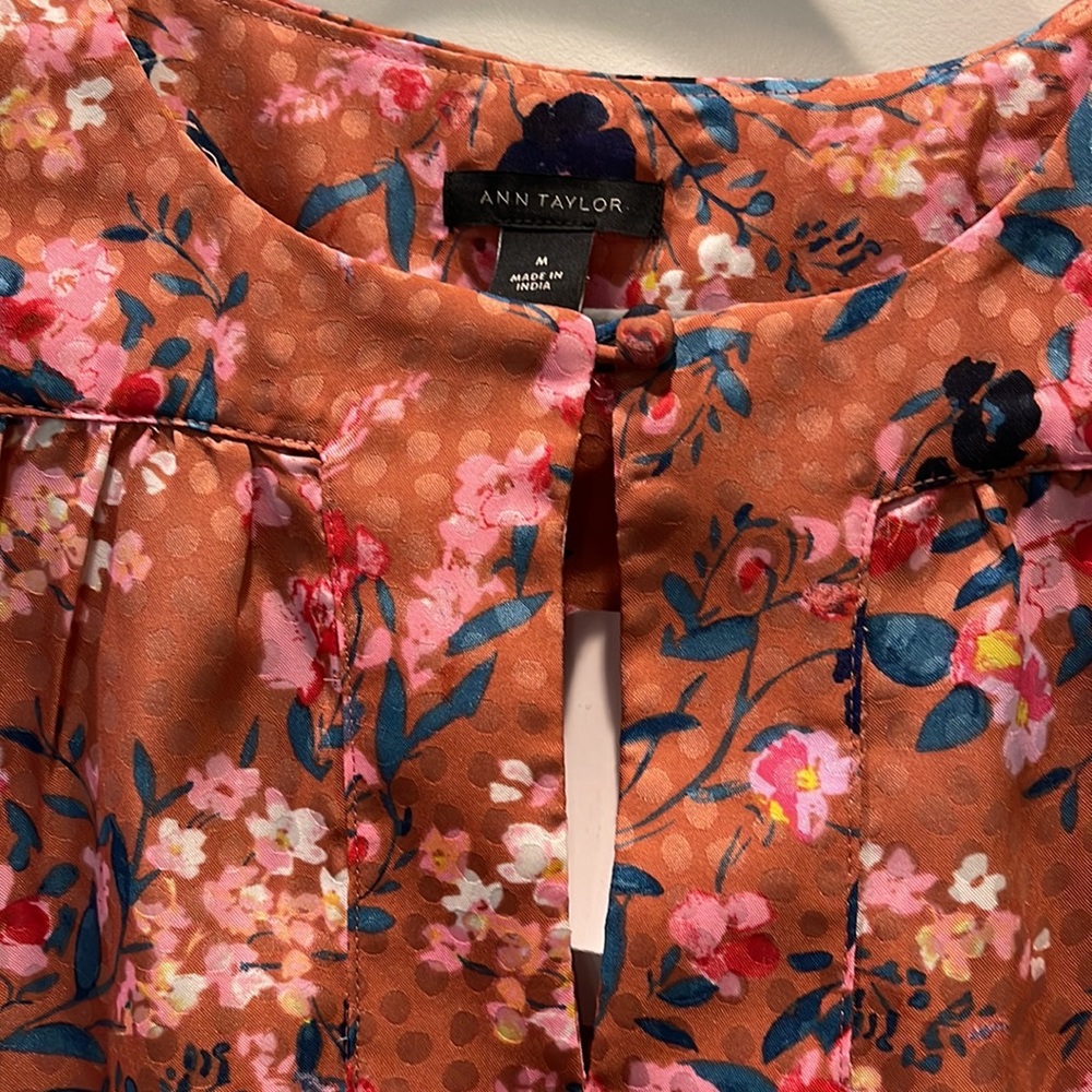 Ann Taylor light rust, pink, blue smocked sleeve and waist blouse size M NWT - Picture 2 of 8